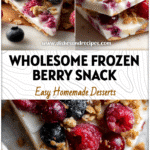 Close-up of Raspberry Frozen Yogurt Bark topped with mixed berries and crunchy granola on a white tray.